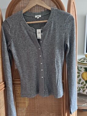 aerie Heather Gray Glitter Ribbed Button-Up Cardigan